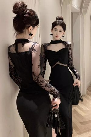 Black Lace Spliced Halter Cheongsam Evening Dress for Women - Elegant Chinese Style Sexy Design