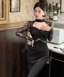 Black Lace Spliced Halter Cheongsam Evening Dress for Women - Elegant Chinese Style Sexy Design