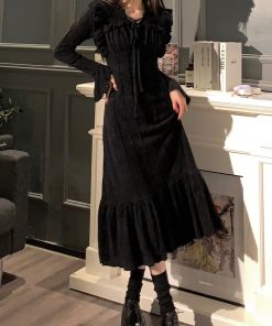 Black Lace-Trimmed Long Sleeve Dress for Women, Waist-Cinching Tie-Up Knitted Skirt, Elegant Spring 2025 Fashion