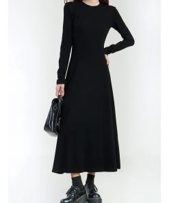 Black Long Sleeve A-Line Dress for Women - Round Neck, Knee-Length, Slim Fit, Large Hem, Spring 2025 Fashion Essential