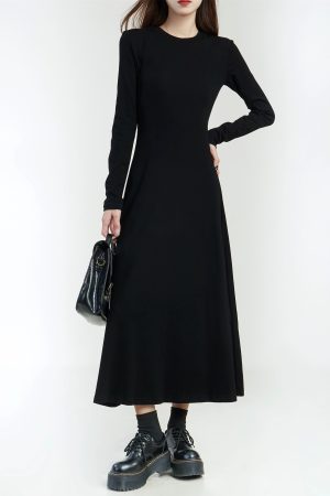Black Long Sleeve A-Line Dress for Women - Round Neck, Knee-Length, Slim Fit, Large Hem, Spring 2025 Fashion Essential
