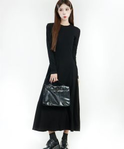 Black Long Sleeve A-Line Dress for Women - Round Neck, Knee-Length, Slim Fit, Large Hem, Spring 2025 Fashion Essential
