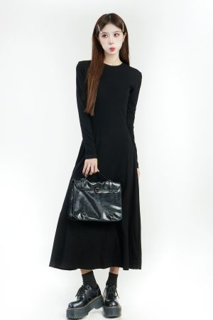 Black Long Sleeve A-Line Dress for Women - Round Neck, Knee-Length, Slim Fit, Large Hem, Spring 2025 Fashion Essential