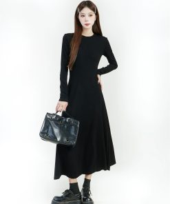 Black Long Sleeve A-Line Dress for Women - Round Neck, Knee-Length, Slim Fit, Large Hem, Spring 2025 Fashion Essential