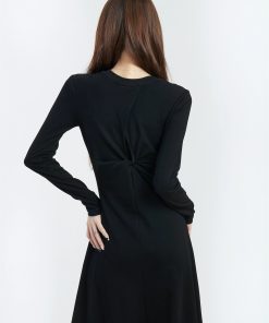 Black Long Sleeve A-Line Dress for Women - Round Neck, Knee-Length, Slim Fit, Large Hem, Spring 2025 Fashion Essential