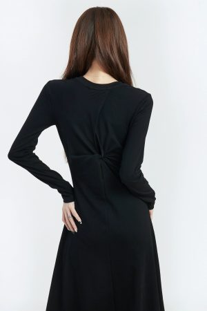 Black Long Sleeve A-Line Dress for Women - Round Neck, Knee-Length, Slim Fit, Large Hem, Spring 2025 Fashion Essential