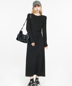 Black Long Sleeve Basic Dress for Women - 2025 Spring High-End Knitted Fitted Jumpsuit Style