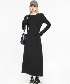 Black Long Sleeve Basic Dress for Women - 2025 Spring High-End Knitted Fitted Jumpsuit Style