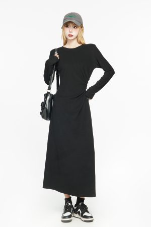 Black Long Sleeve Basic Dress for Women - 2025 Spring High-End Knitted Fitted Jumpsuit Style