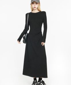 Black Long Sleeve Basic Dress for Women - 2025 Spring High-End Knitted Fitted Jumpsuit Style
