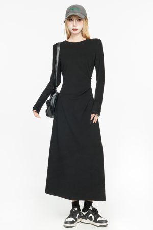 Black Long Sleeve Basic Dress for Women - 2025 Spring High-End Knitted Fitted Jumpsuit Style