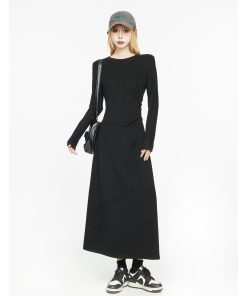 Black Long Sleeve Basic Dress for Women - 2025 Spring High-End Knitted Fitted Jumpsuit Style