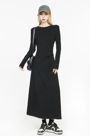 Black Long Sleeve Basic Dress for Women - 2025 Spring High-End Knitted Fitted Jumpsuit Style