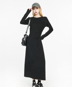 Black Long Sleeve Basic Dress for Women - 2025 Spring High-End Knitted Fitted Jumpsuit Style