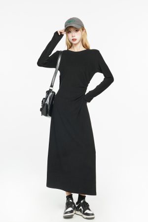 Black Long Sleeve Basic Dress for Women - 2025 Spring High-End Knitted Fitted Jumpsuit Style
