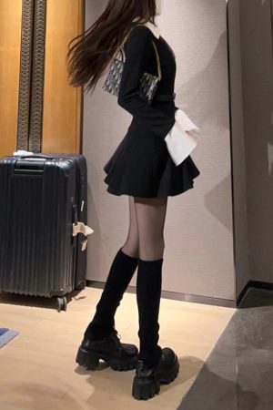 Black Long Sleeve Faux Two-Piece Knitted Dress for Women with Waist Design, A-Line Skirt - Autumn Winter 2025 Fashion