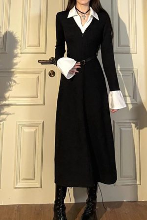 Black Long Sleeve Faux Two-Piece Knitted Dress for Women with Waist Design, A-Line Skirt - Autumn Winter 2025 Fashion