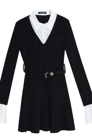 Black Long Sleeve Faux Two-Piece Knitted Dress for Women with Waist Design, A-Line Skirt - Autumn Winter 2025 Fashion