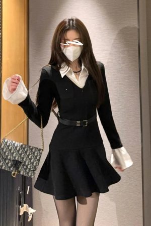 Black Long Sleeve Faux Two-Piece Knitted Dress for Women with Waist Design, A-Line Skirt - Autumn Winter 2025 Fashion