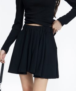 Black Long Sleeve Hollowed-Out Top and Short Skirt Two-Piece Set for Women - Irregular Design, Trendy Autumn Style