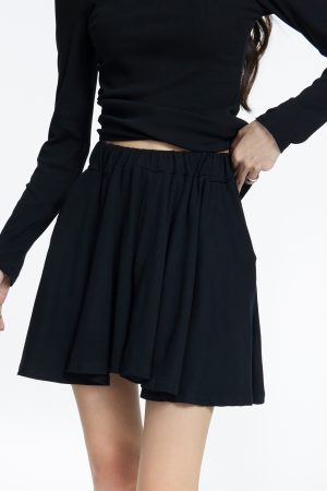 Black Long Sleeve Hollowed-Out Top and Short Skirt Two-Piece Set for Women - Irregular Design, Trendy Autumn Style