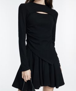 Black Long Sleeve Hollowed-Out Top and Short Skirt Two-Piece Set for Women - Irregular Design, Trendy Autumn Style