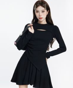 Black Long Sleeve Hollowed-Out Top and Short Skirt Two-Piece Set for Women - Irregular Design, Trendy Autumn Style