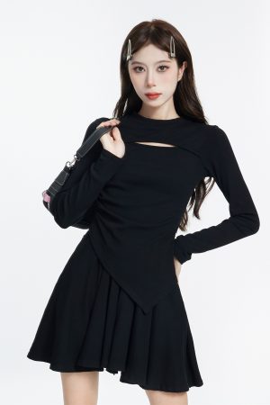 Black Long Sleeve Hollowed-Out Top and Short Skirt Two-Piece Set for Women - Irregular Design, Trendy Autumn Style