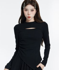 Black Long Sleeve Hollowed-Out Top and Short Skirt Two-Piece Set for Women - Irregular Design, Trendy Autumn Style