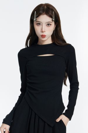 Black Long Sleeve Hollowed-Out Top and Short Skirt Two-Piece Set for Women - Irregular Design, Trendy Autumn Style
