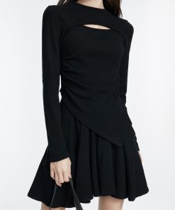 Black Long Sleeve Hollowed-Out Top and Short Skirt Two-Piece Set for Women - Irregular Design, Trendy Autumn Style