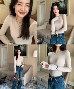 Black Long Sleeve Knitted Top for Women - Round Neck, Slim Fit, Versatile Basic Layering Piece, Perfect for 90s and Y2K Style