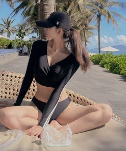 Black Long Sleeve Swimsuit Sexy Split Bikini for Small Chest - Slimming Beach Vacation Swimwear with Sun Protection