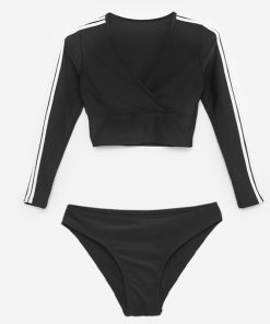 Black Long Sleeve Swimsuit Sexy Split Bikini for Small Chest - Slimming Beach Vacation Swimwear with Sun Protection