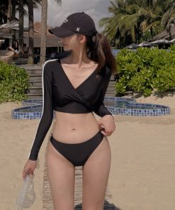 Black Long Sleeve Swimsuit Sexy Split Bikini for Small Chest - Slimming Beach Vacation Swimwear with Sun Protection