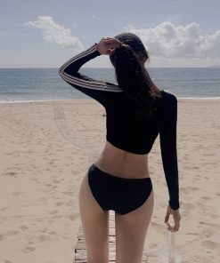 Black Long Sleeve Swimsuit Sexy Split Bikini for Small Chest - Slimming Beach Vacation Swimwear with Sun Protection