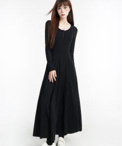 Black Long Sleeve U-Neck Knitted Dress for Women, Draped Long Skirt, 2025 Spring Fashion, Elegant Style