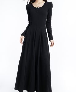 Black Long Sleeve U-Neck Knitted Dress for Women, Draped Long Skirt, 2025 Spring Fashion, Elegant Style