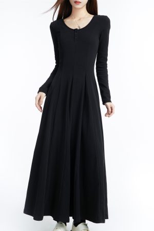 Black Long Sleeve U-Neck Knitted Dress for Women, Draped Long Skirt, 2025 Spring Fashion, Elegant Style