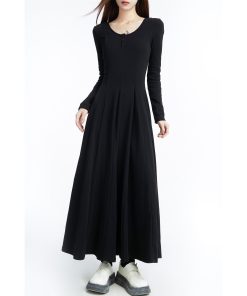 Black Long Sleeve U-Neck Knitted Dress for Women, Draped Long Skirt, 2025 Spring Fashion, Elegant Style