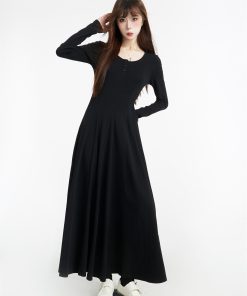 Black Long Sleeve U-Neck Knitted Dress for Women, Draped Long Skirt, 2025 Spring Fashion, Elegant Style