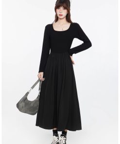Black Long Sleeve V-Neck Dress with Spliced Knitted Flared Skirt for Women, Slimming Hepburn Style, 2025 Spring Autumn Fashion