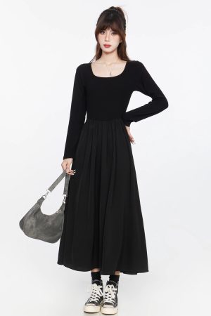 Black Long Sleeve V-Neck Dress with Spliced Knitted Flared Skirt for Women, Slimming Hepburn Style, 2025 Spring Autumn Fashion