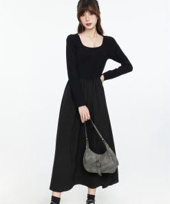 Black Long Sleeve V-Neck Dress with Spliced Knitted Flared Skirt for Women, Slimming Hepburn Style, 2025 Spring Autumn Fashion
