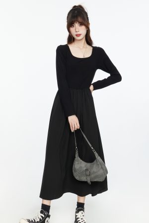 Black Long Sleeve V-Neck Dress with Spliced Knitted Flared Skirt for Women, Slimming Hepburn Style, 2025 Spring Autumn Fashion