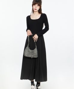 Black Long Sleeve V-Neck Dress with Spliced Knitted Flared Skirt for Women, Slimming Hepburn Style, 2025 Spring Autumn Fashion
