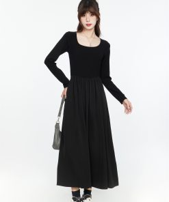 Black Long Sleeve V-Neck Dress with Spliced Knitted Flared Skirt for Women, Slimming Hepburn Style, 2025 Spring Autumn Fashion
