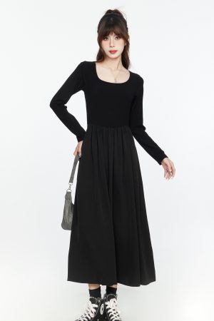 Black Long Sleeve V-Neck Dress with Spliced Knitted Flared Skirt for Women, Slimming Hepburn Style, 2025 Spring Autumn Fashion
