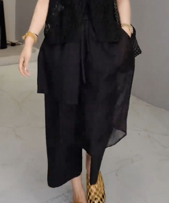 Black Mesh Spliced Casual Pants for Women - Summer Thin Straight Leg Skirt Pants, 2025 New Large Size for Petite, Y2K Style