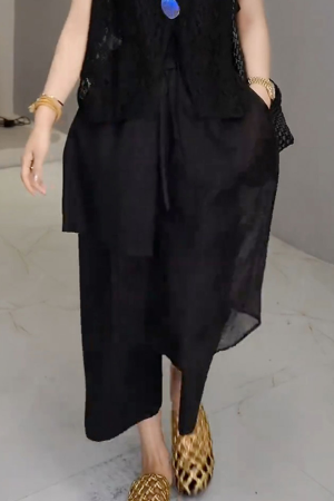 Black Mesh Spliced Casual Pants for Women - Summer Thin Straight Leg Skirt Pants, 2025 New Large Size for Petite, Y2K Style